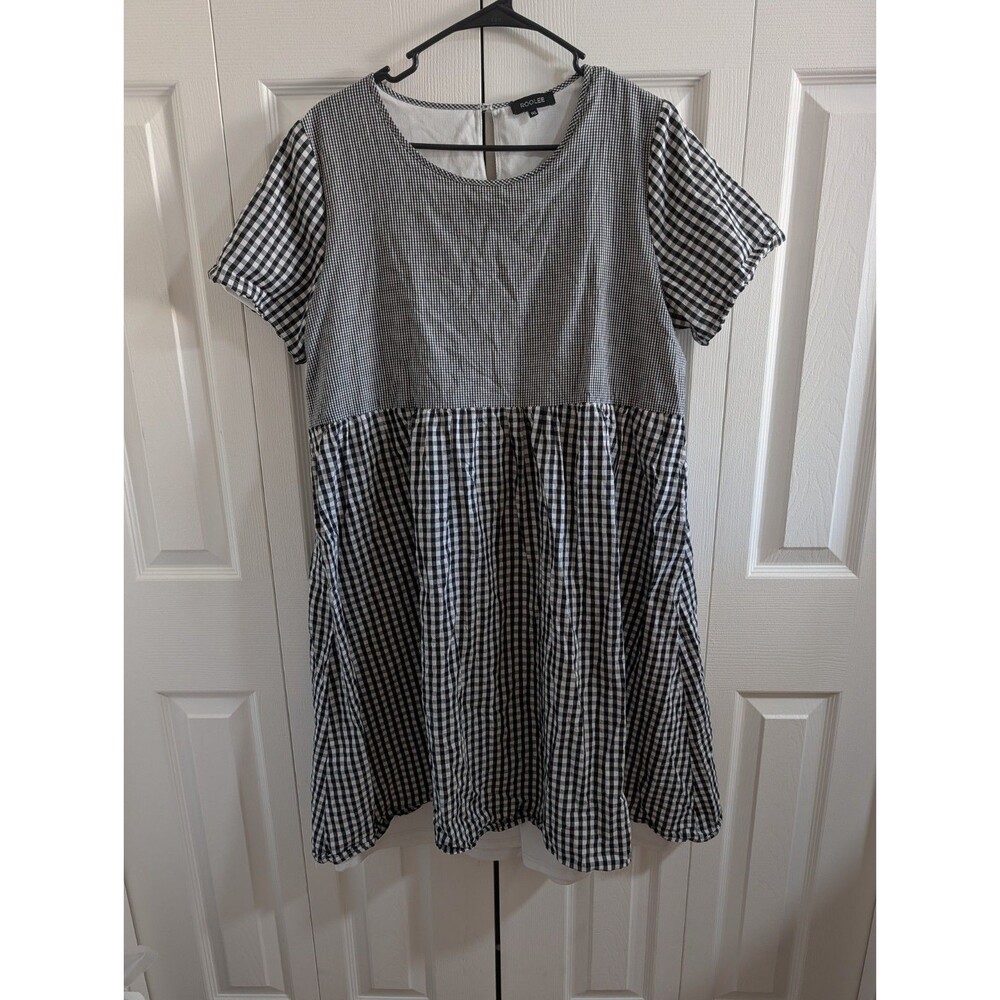 ROOLEE Mixed Gingham Plaid Babydoll Mini Dress Short Sleeve Black White Women 1X